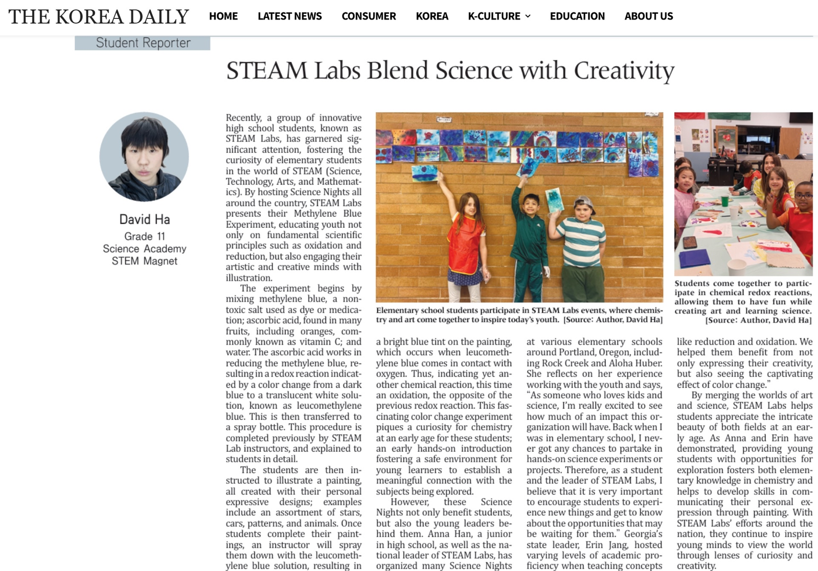 The Korea Daily article "STEAM Labs Blend Science with Creativity" featuring STEAM Labs student-led STEM outreach.